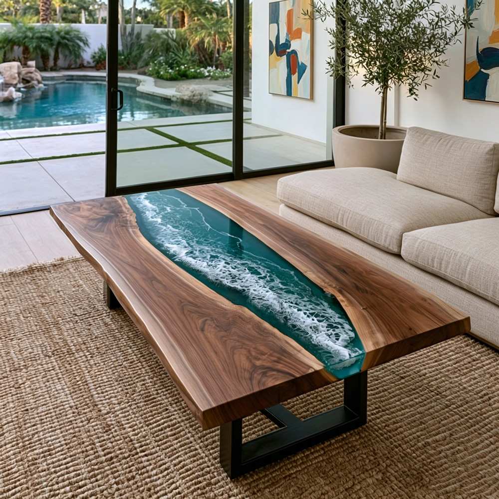 Handcrafted walnut coffee table featuring realistic emerald ocean waves flowing through a natural live edge design