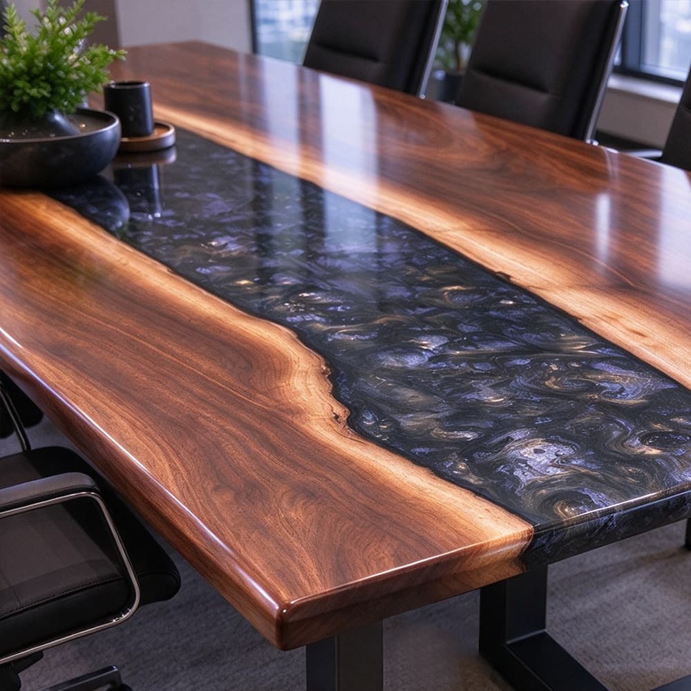 Blue black metallic epoxy river running through a straight edge black walnut conference table.