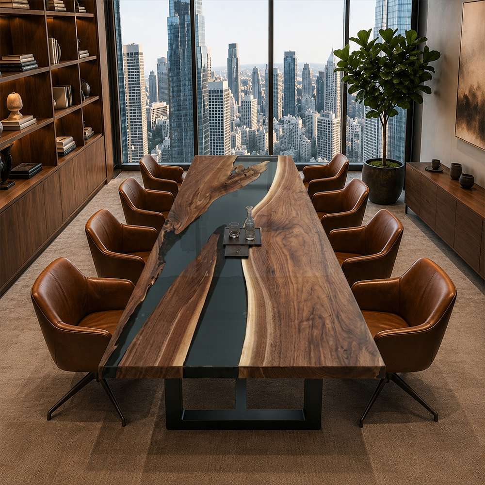 Authentic natural walnut wood grain and seamless black resin transition