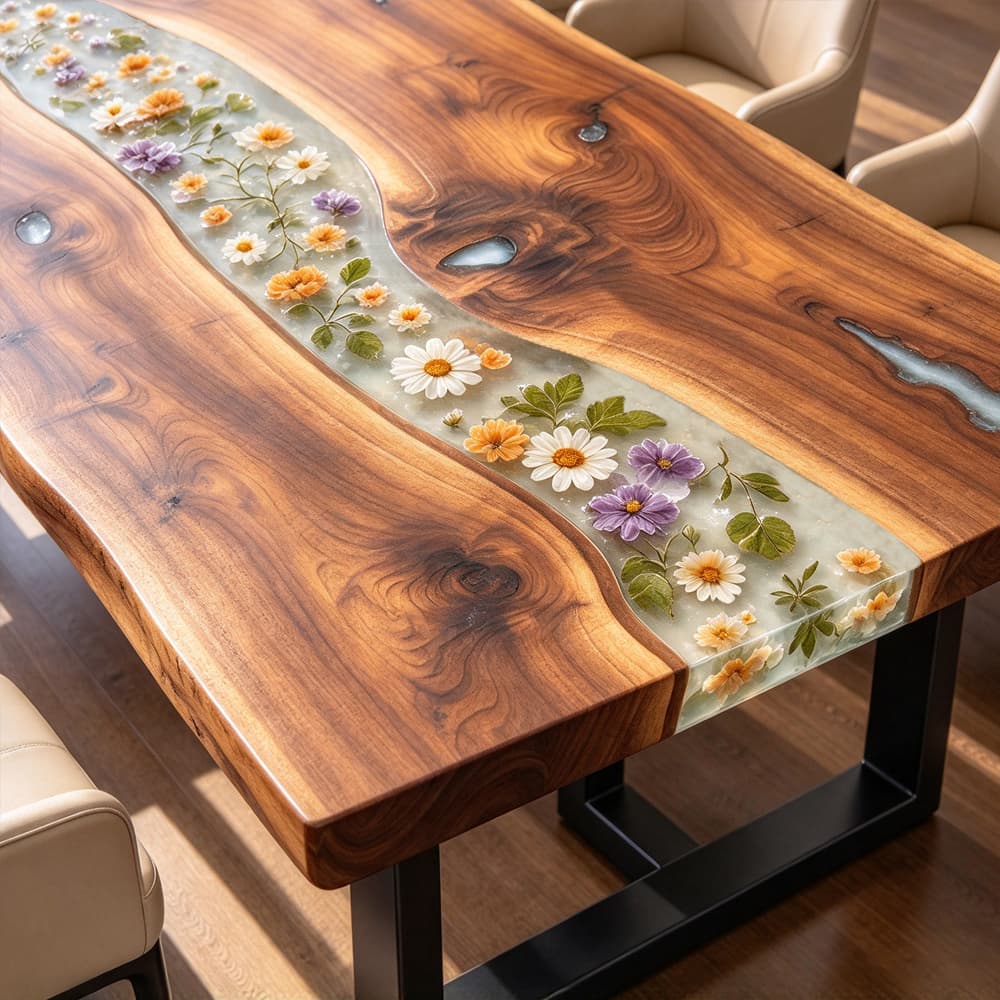 Handcrafted black walnut and blue epoxy dining table with natural wood variation and artisan resin inlays