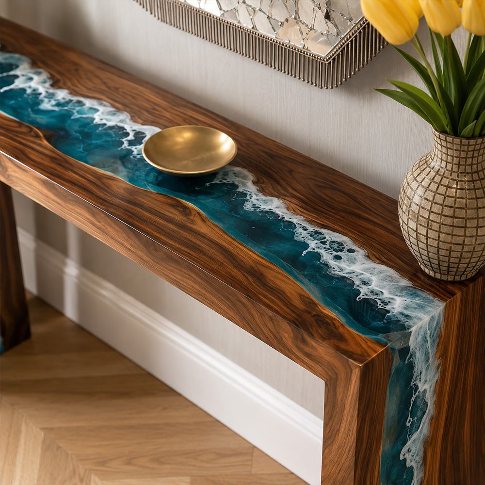 Designer black walnut and blue epoxy console table acting as an art furniture piece in entryway space