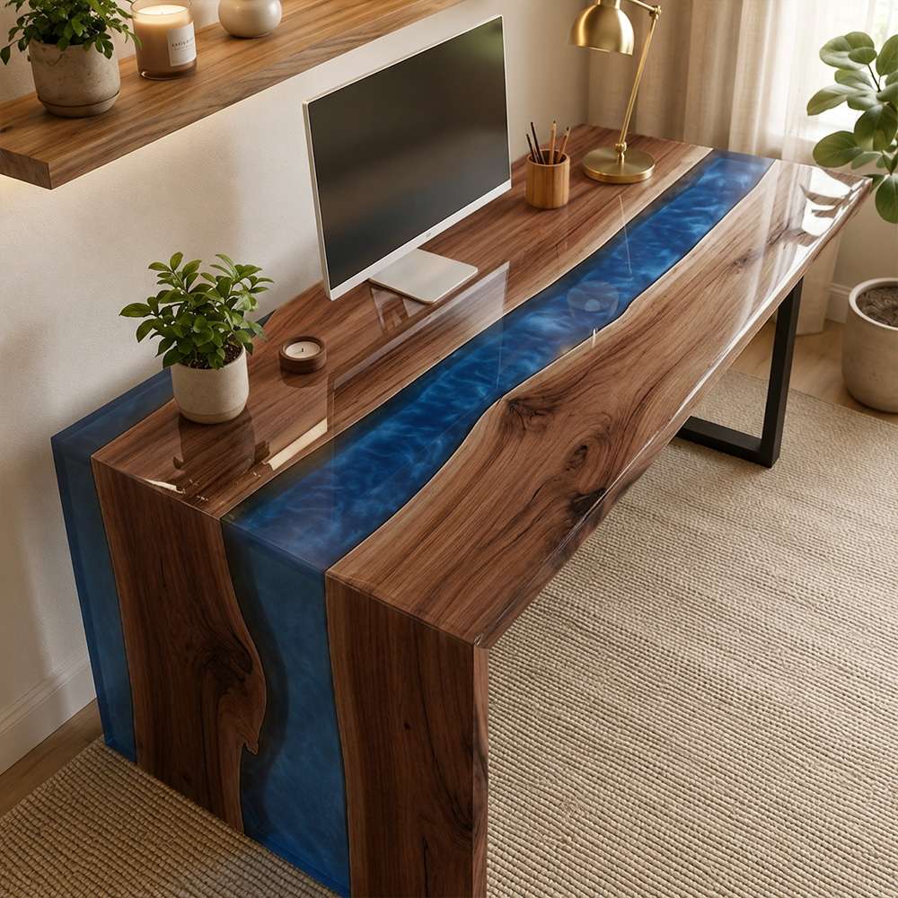 Handcrafted black walnut resin desk for home office use with flowing wood grain, blue epoxy detail, and slim metal base