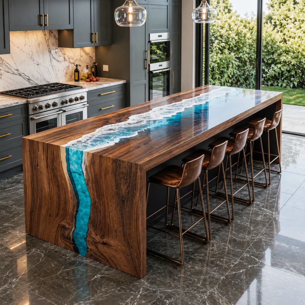 Ocean wave black walnut dining island table with bar seating