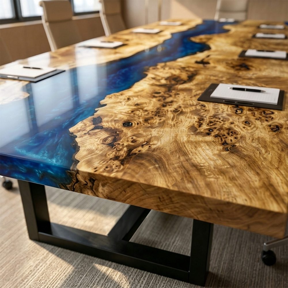 Light poplar boardroom table featuring a navy resin river centerpiece for formal meetings, presentations, and team collaboration