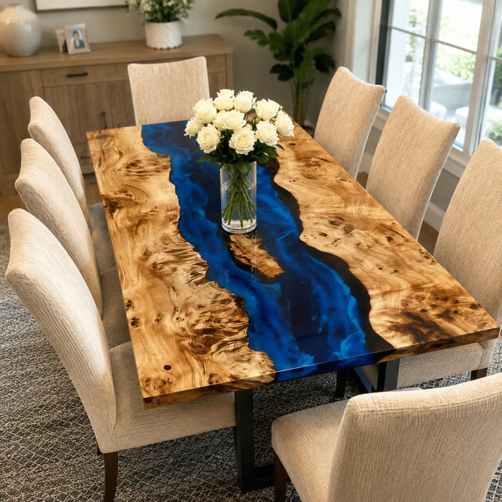 Luxury live edge burl wood dining table with vivid blue epoxy river design, custom solid wood epoxy table for modern dining space