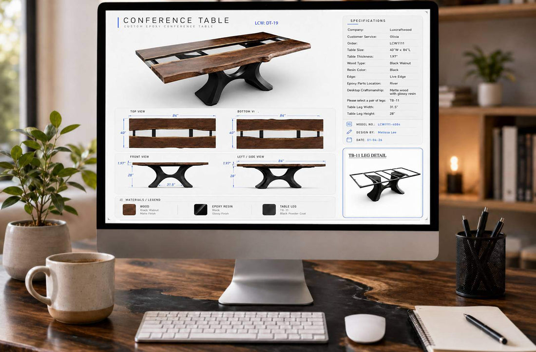 Custom epoxy table CAD design displayed on a computer screen, showing the drawing approval step for a made-to-order wood resin table