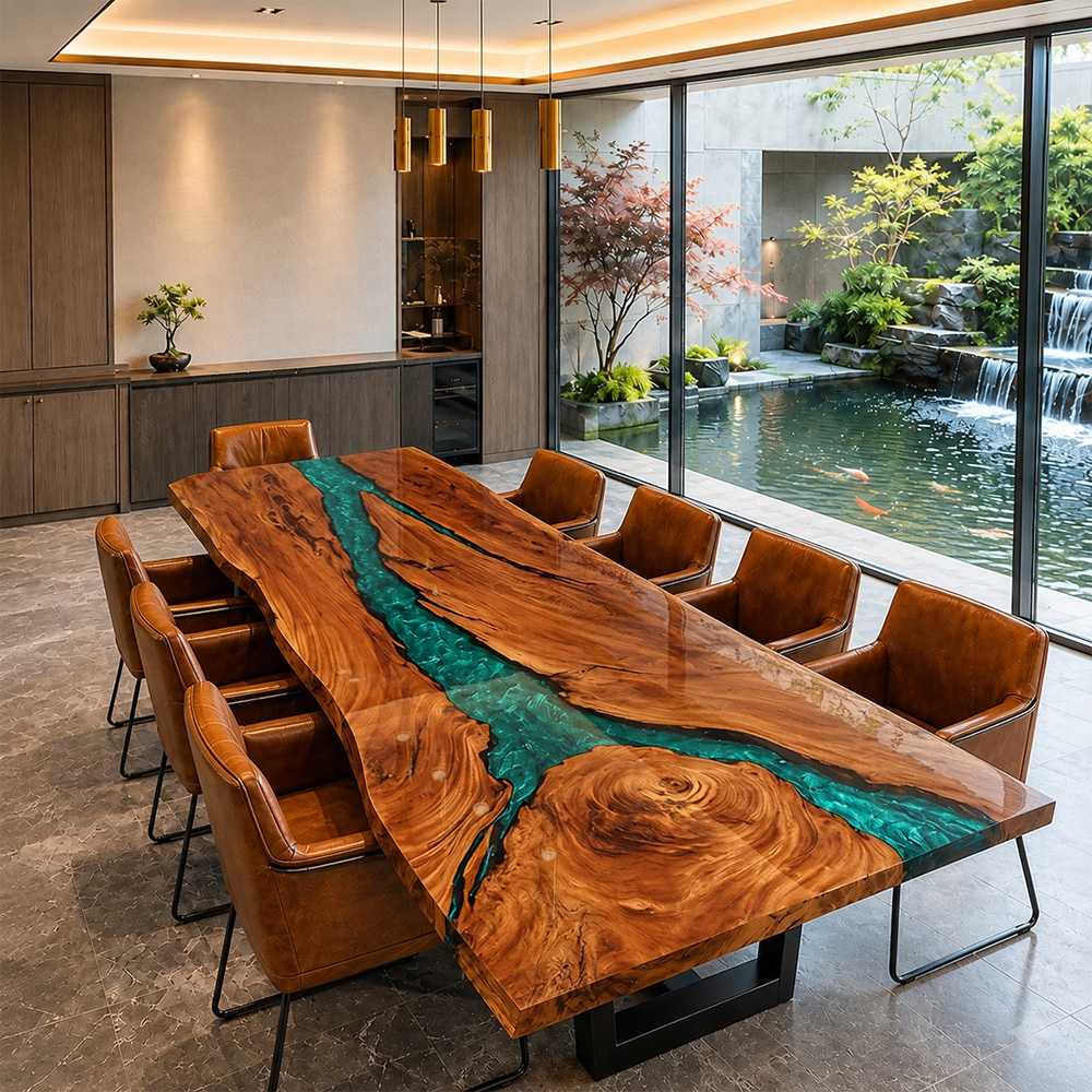 Modern black walnut lobby desk with vivid green resin centerpiece for commercial spaces