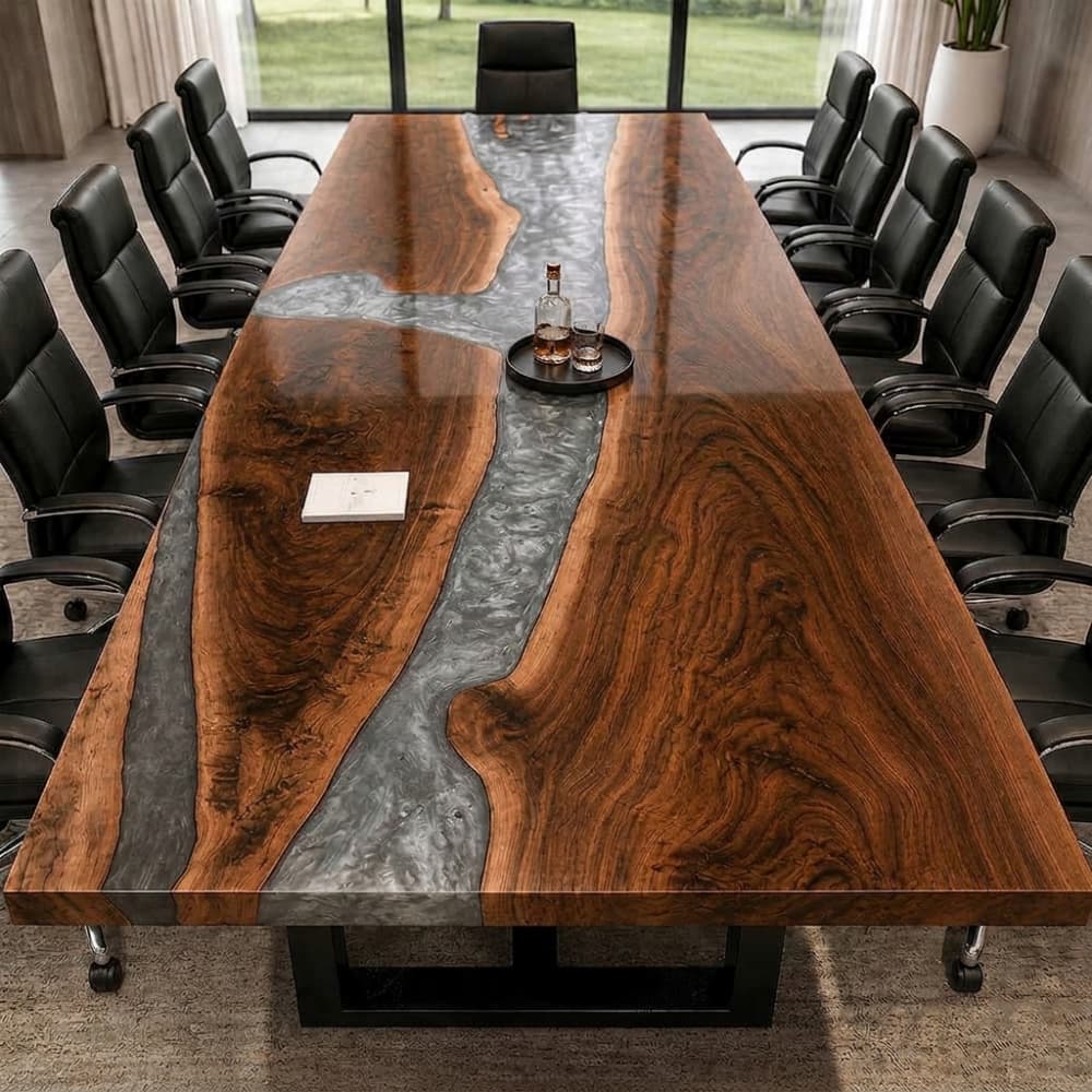 Handcrafted industrial style live edge wood and metallic silver resin river table built on a heavy-duty black steel base