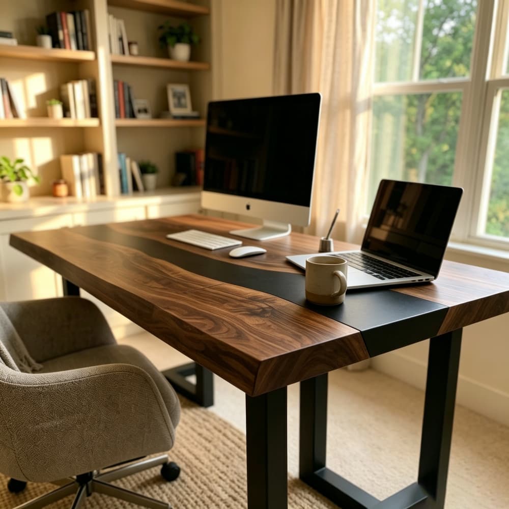 High-end handcrafted live edge walnut computer desk with a durable resin finish
