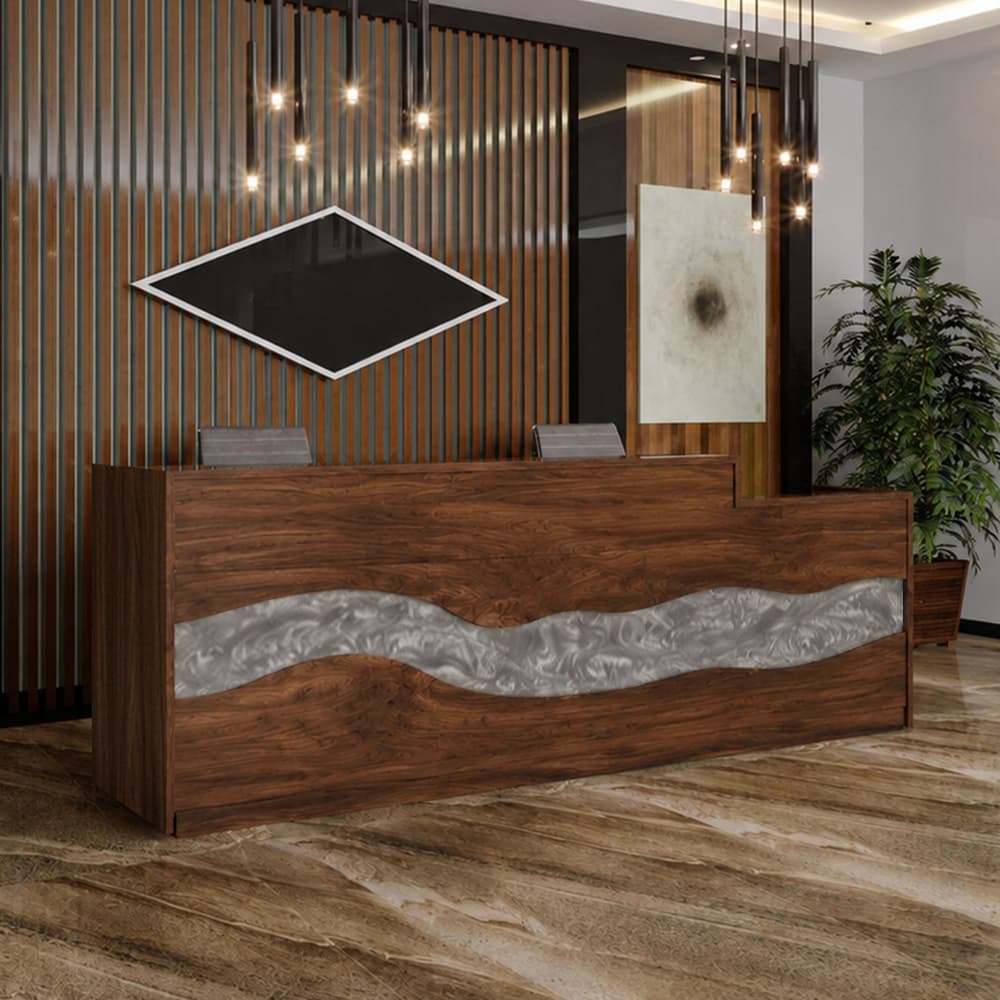 Commercial welcome desk in black walnut with flowing silver resin design