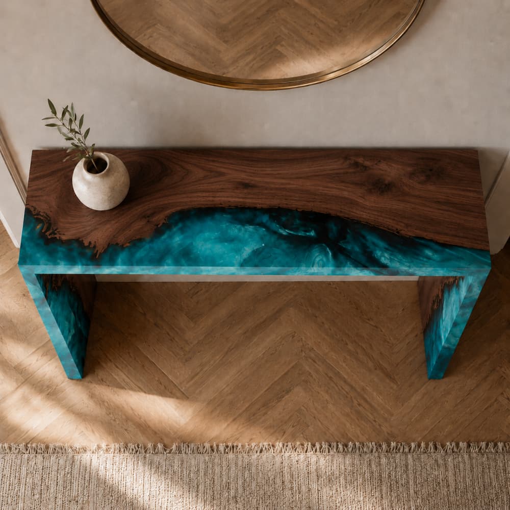 Upscale entryway styling inspiration featuring a marble vase, linen-bound art books, and organic branches on a modern wooden counter
