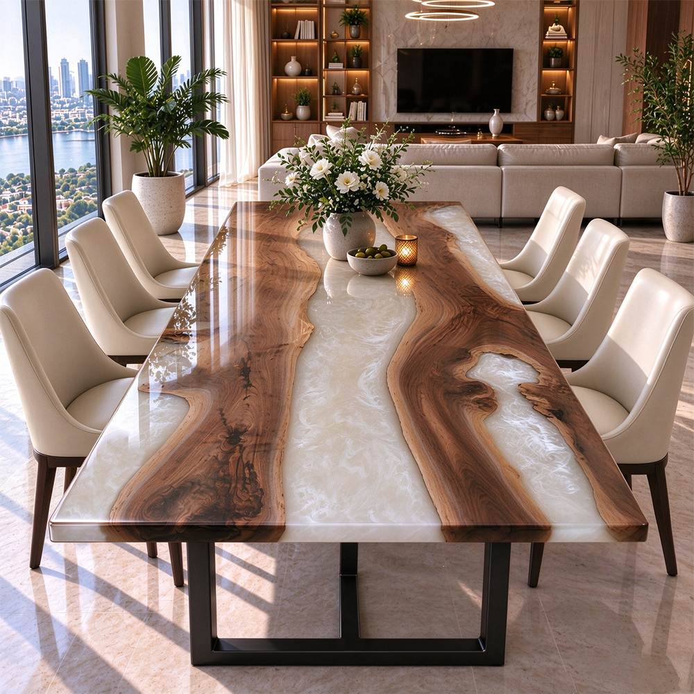 Top view of handcrafted solid walnut epoxy resin river dining table showing white swirl resin river pattern