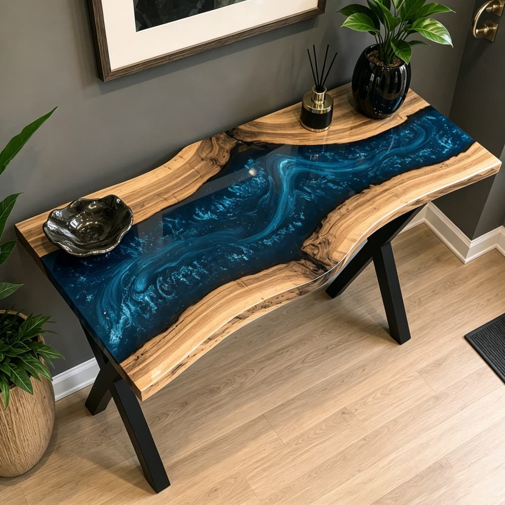 Designer walnut and blue epoxy console table acting as an art furniture piece in entryway space