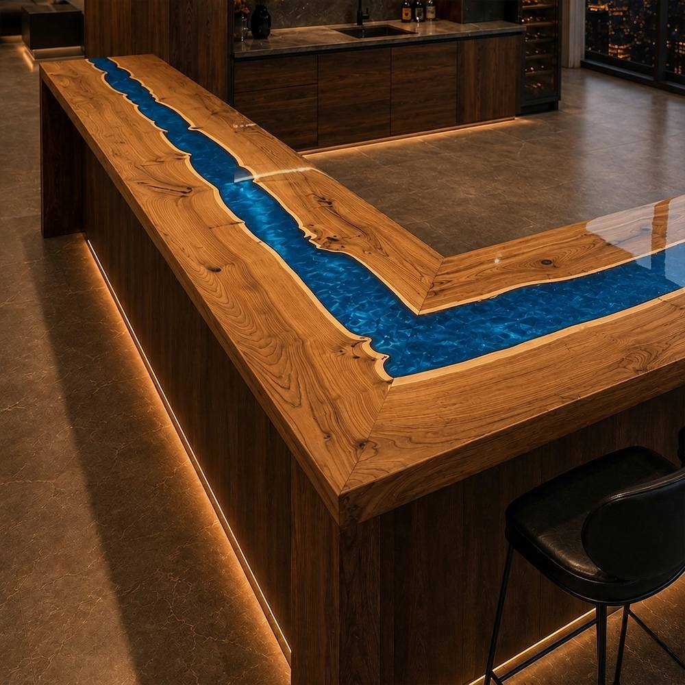 Designer L-shaped wood and resin bar counter for upscale residential or hospitality use
