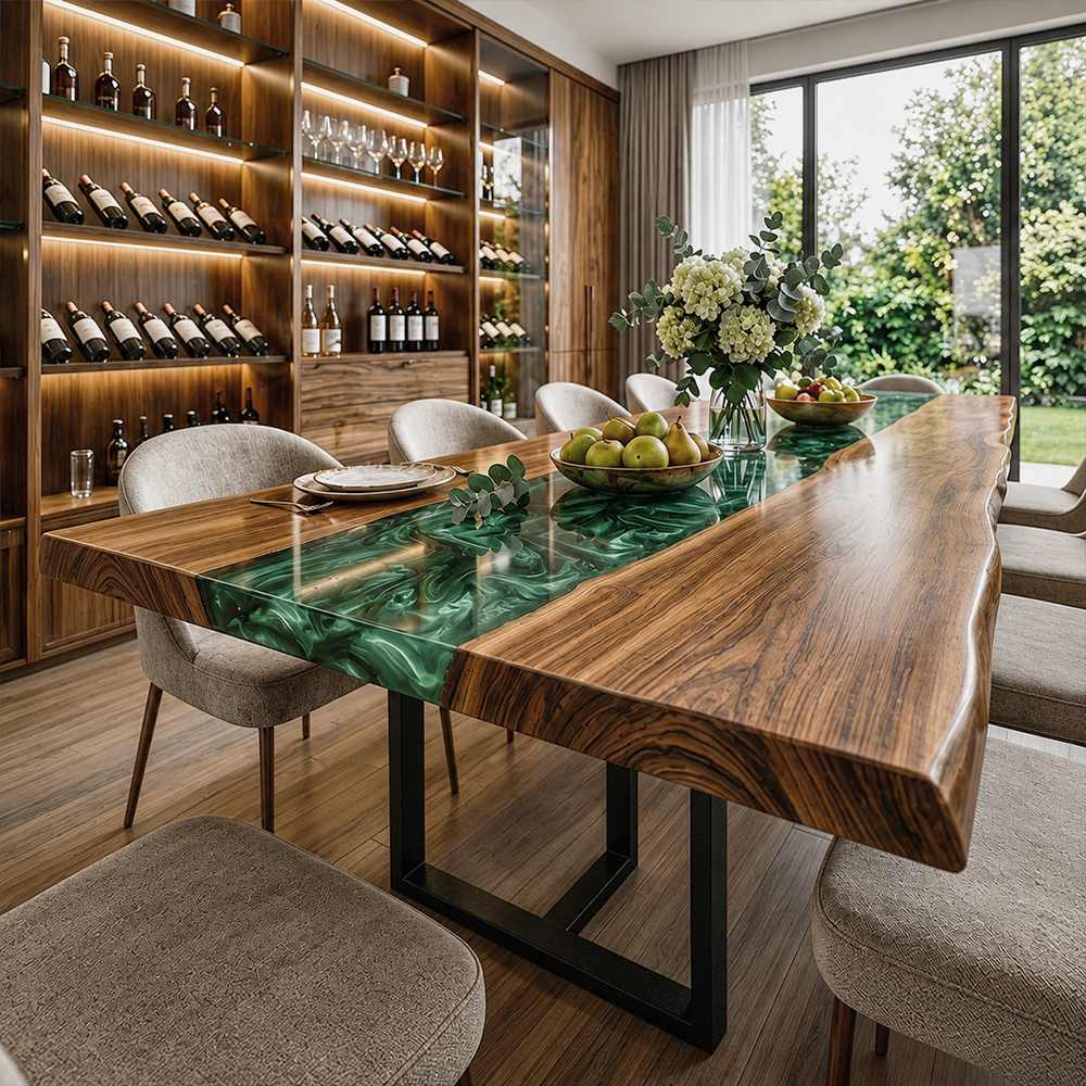 Handcrafted walnut dining table showcasing emerald resin movement and organic wood grain.