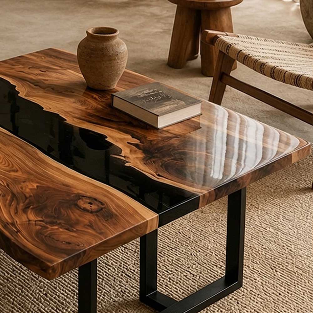 Handcrafted black walnut epoxy coffee table with natural wood grain and resin river
