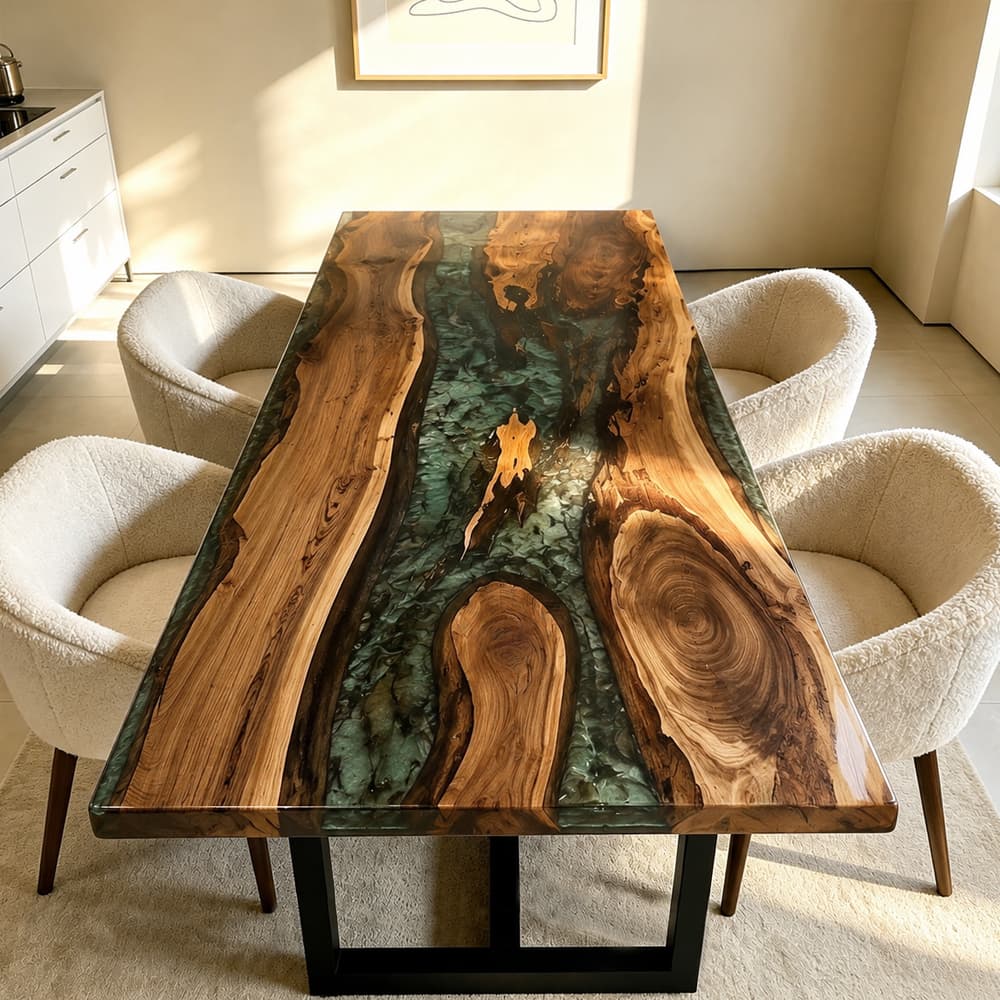 Handcrafted dining table combining figured walnut slabs with layered green resin inlay