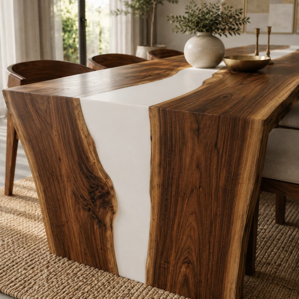 Modern white epoxy walnut dining table with sculptural waterfall end panels