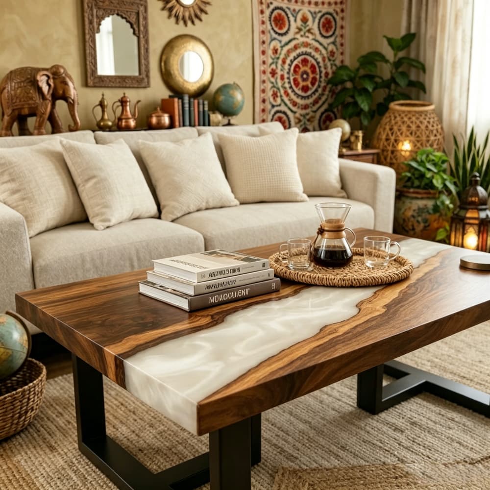 Modern black walnut coffee table featuring a white epoxy statement inlay