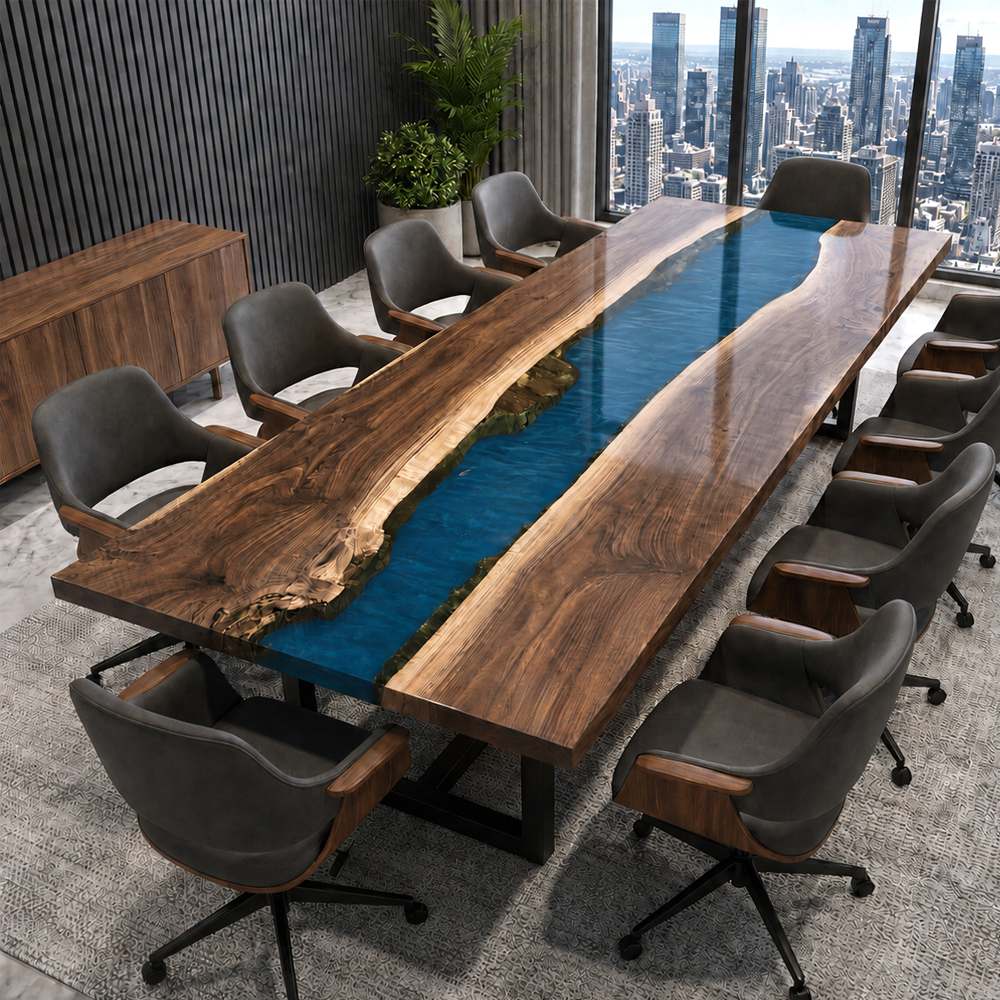 Premium walnut dining table showcasing a blue epoxy river and spacious seating layout.