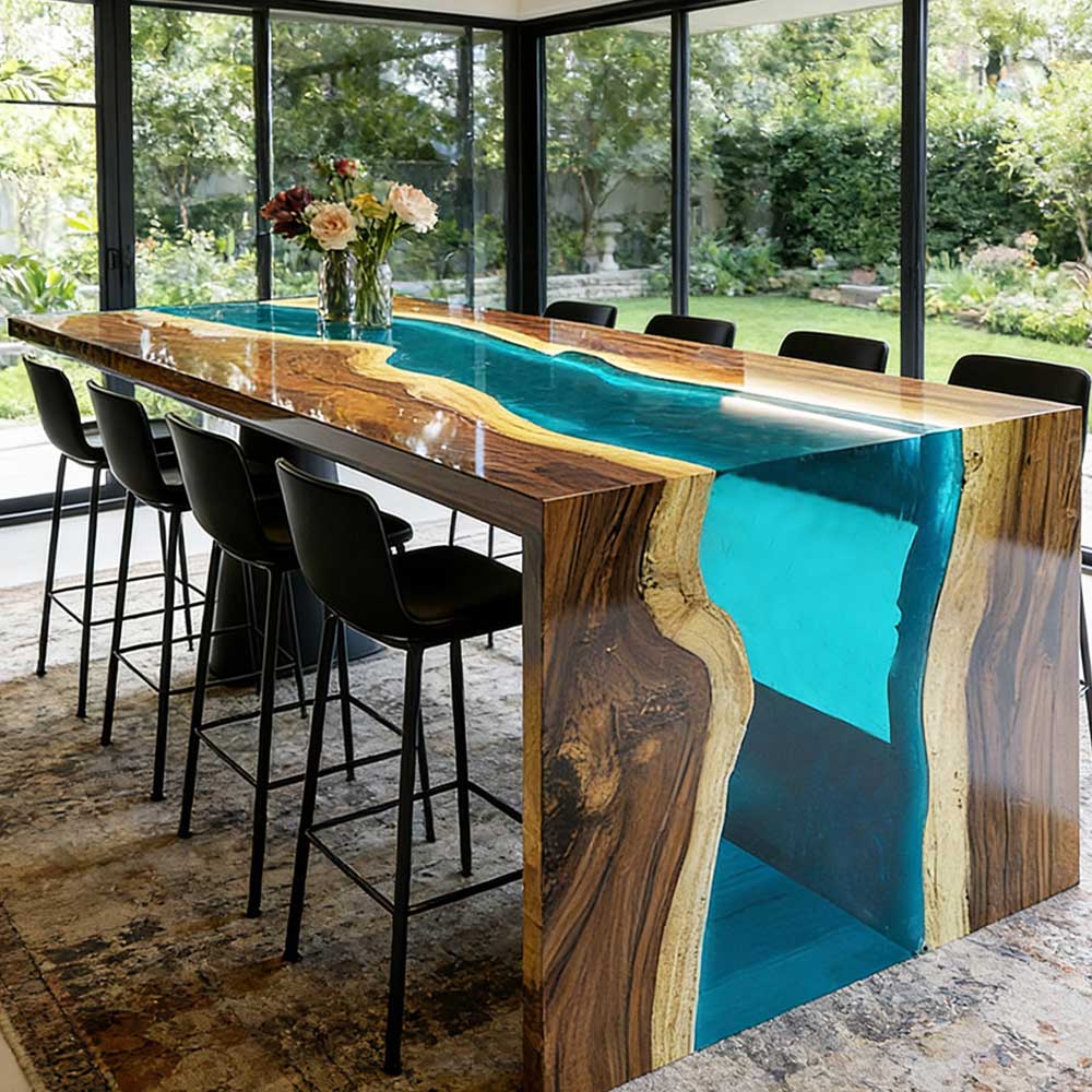 Handcrafted walnut river dining table designed for modern dining spaces