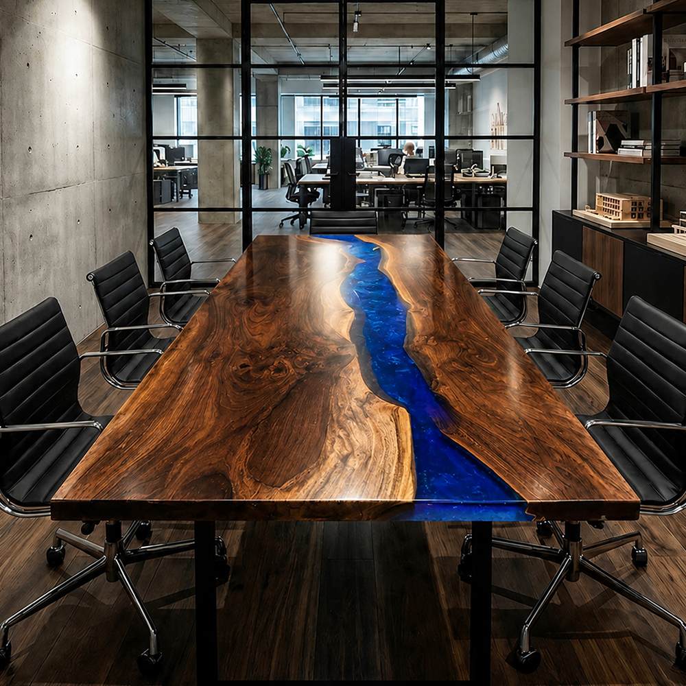 Luxury conference table combining premium black walnut slabs and blue epoxy resin for corporate interiors