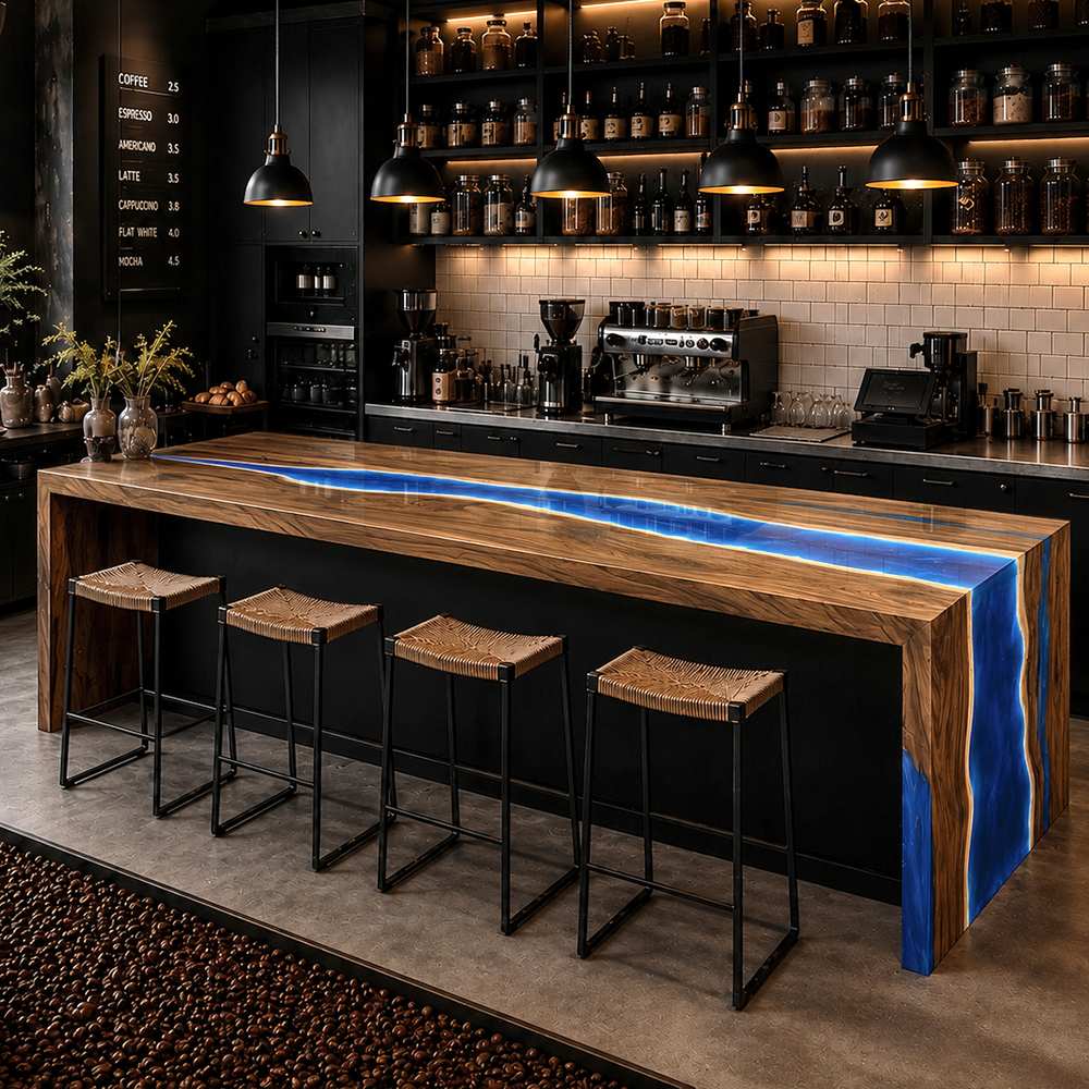 Artisanal black walnut bar table with custom blue LED lighting effects