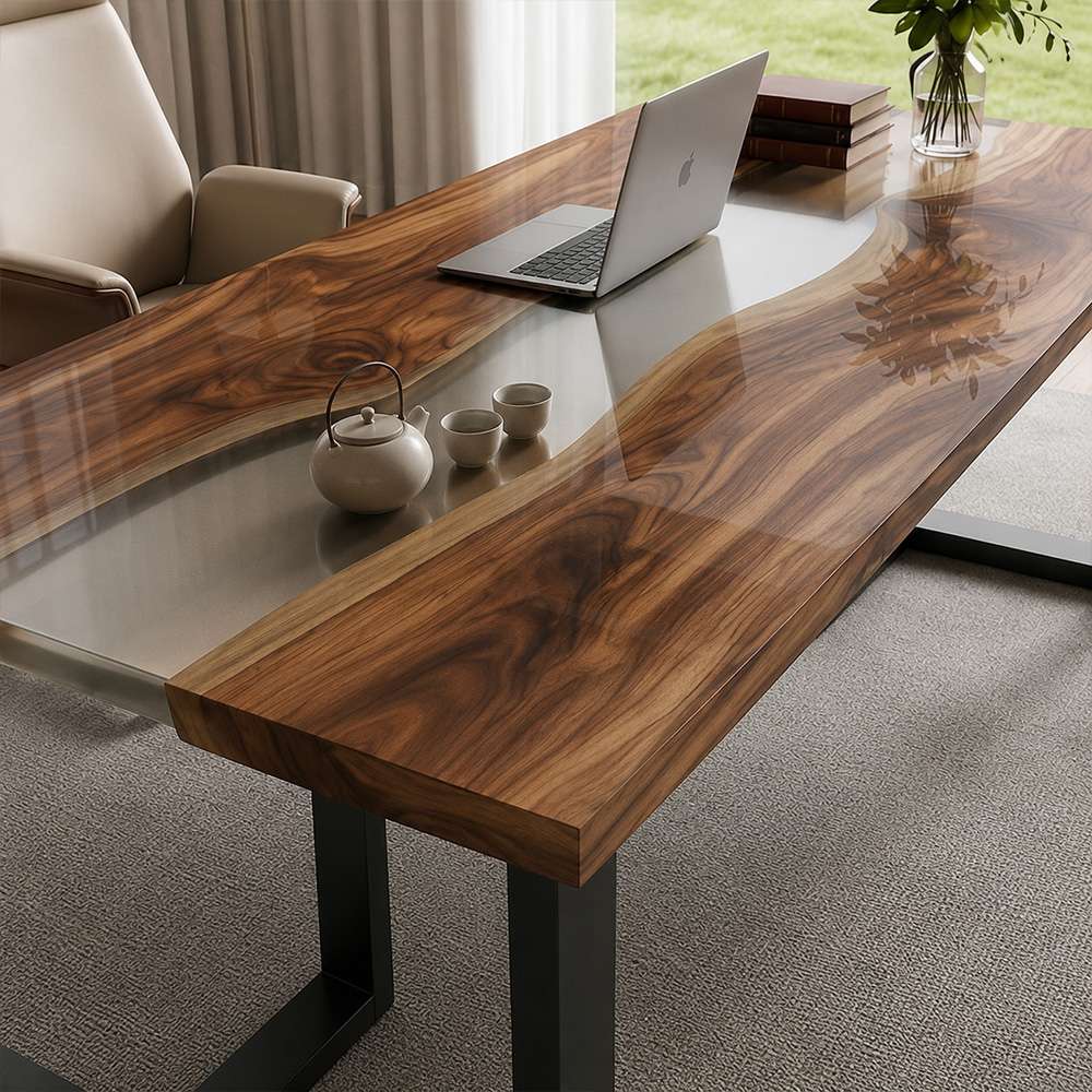 Handcrafted walnut office workspace table with gray resin river and metal base