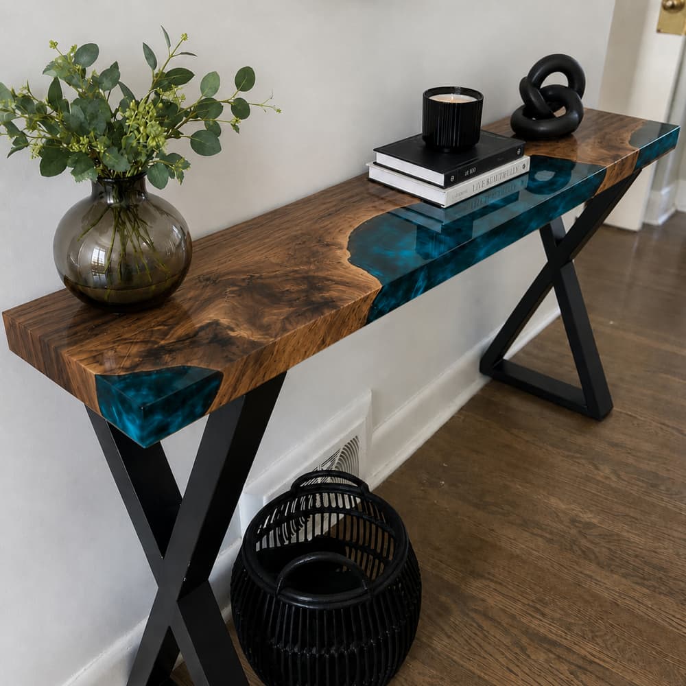 Luxury black walnut console table featuring navy blue epoxy resin for entryway design