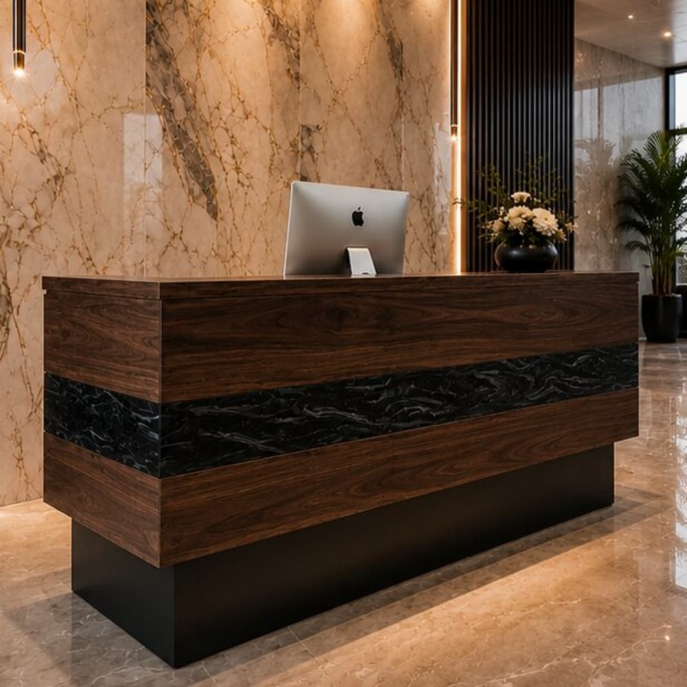 Handmade solid walnut reception counter with flowing black epoxy resin decorative strip, custom commercial lobby front desk for restaurant, hotel & corporate office