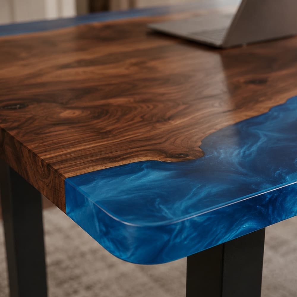 Modern resin home work desk with black walnut top and minimalist metal legs