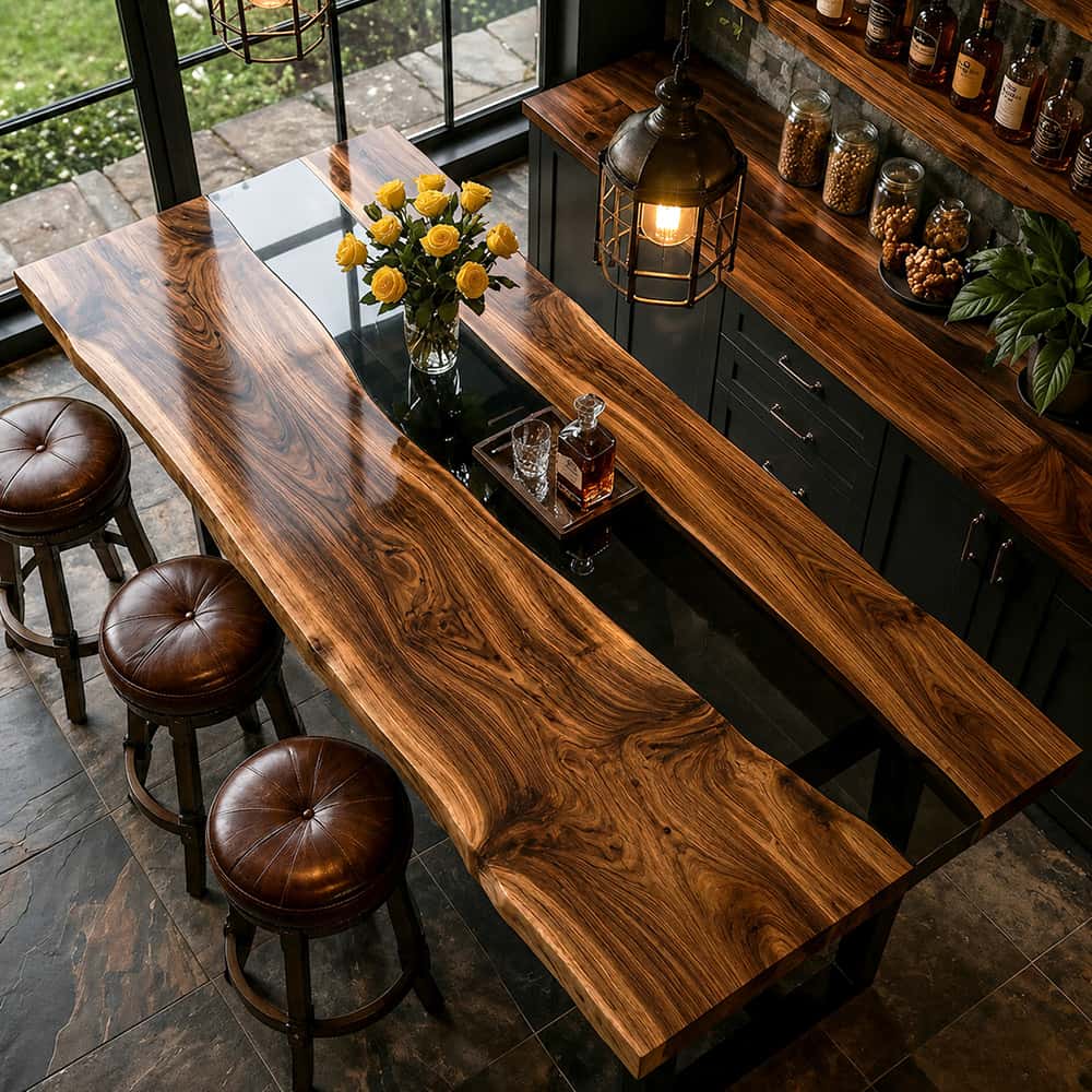 Custom pub-height table crafted from black walnut and black epoxy resin
