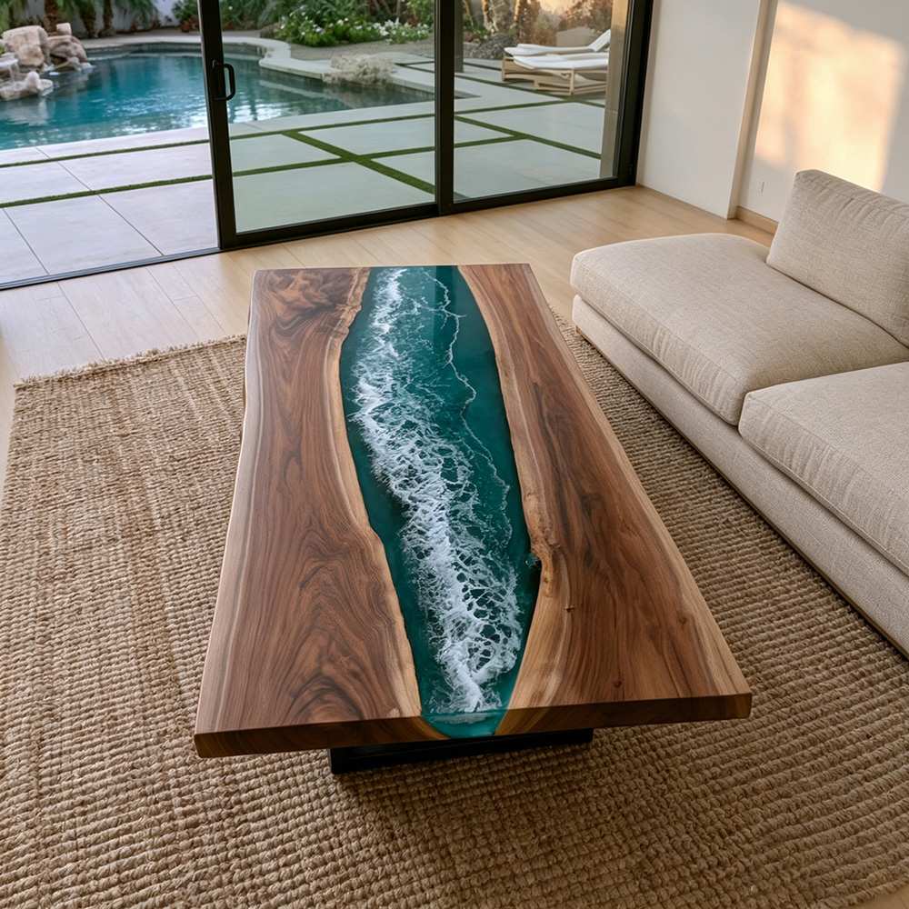 Designer coffee table blending natural hardwood with an emerald resin channel that captures the movement of the sea