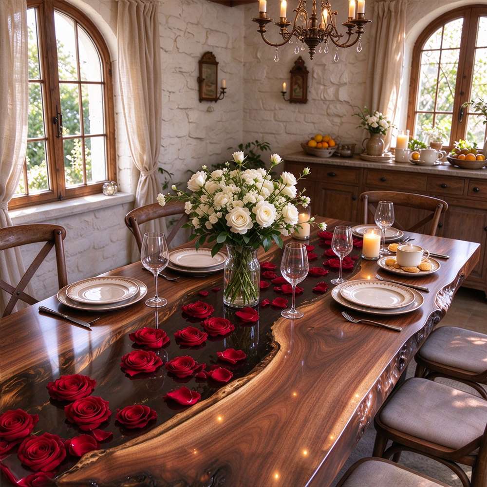 Handmade floral resin family dining table, walnut surface with transparent rose inlay for romantic home styling.