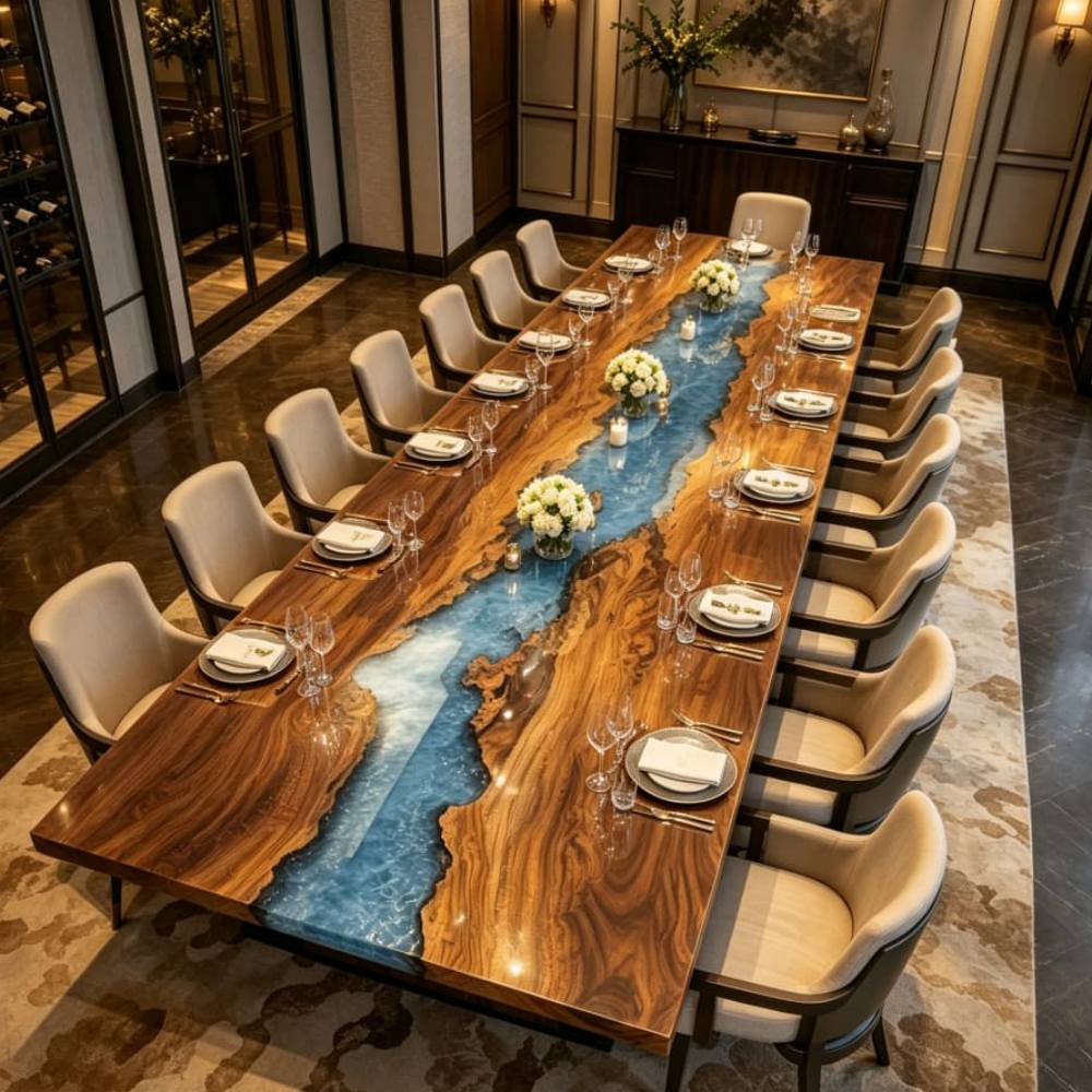 Professional handmade wood and resin table for dining rooms