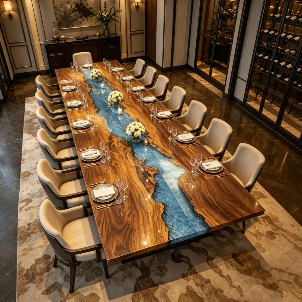 Professional handmade wood and resin table for dining rooms