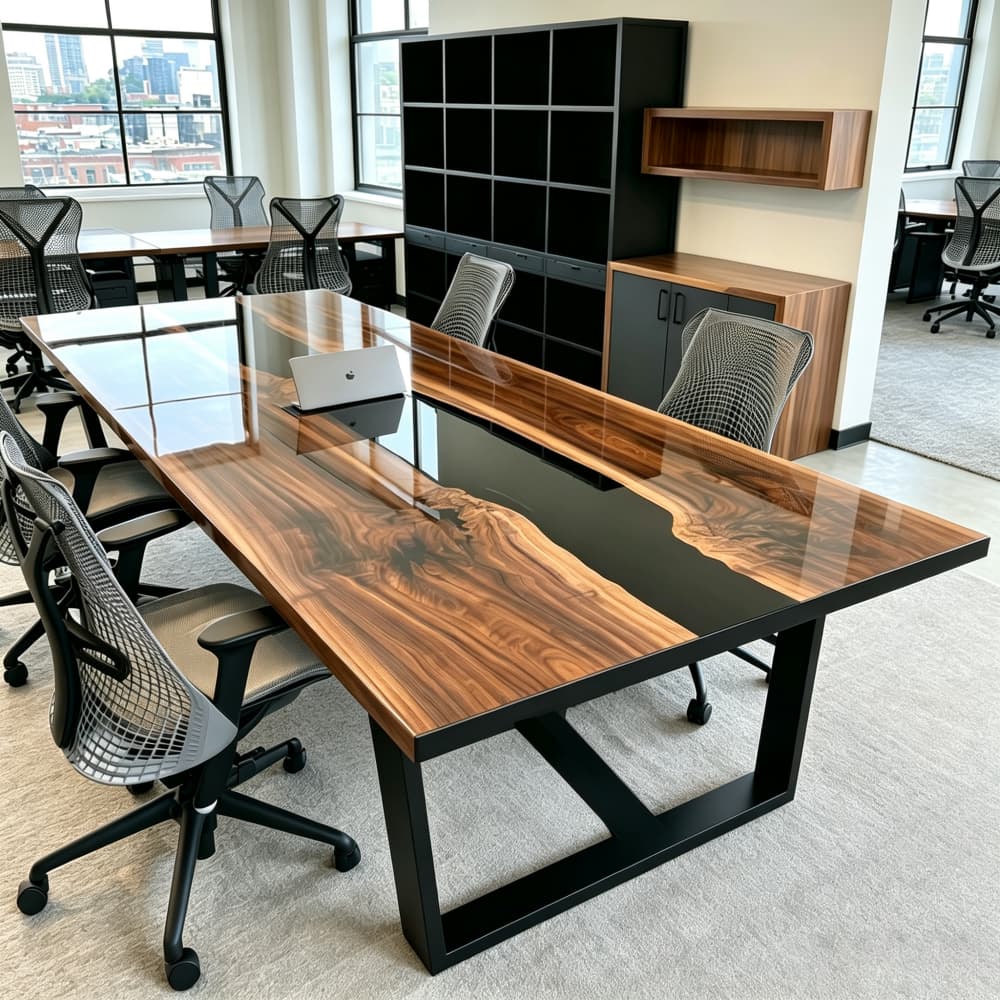 Sturdy custom black metal U-frame base for professional office conference table