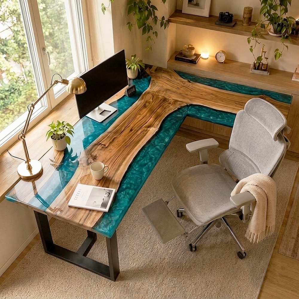 Sturdy industrial matte black steel frame legs supporting a heavy custom live edge solid wood L-shaped computer desk