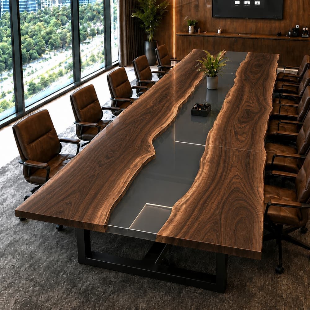 Luxury heritage walnut conference table with dove grey resin river for boardrooms