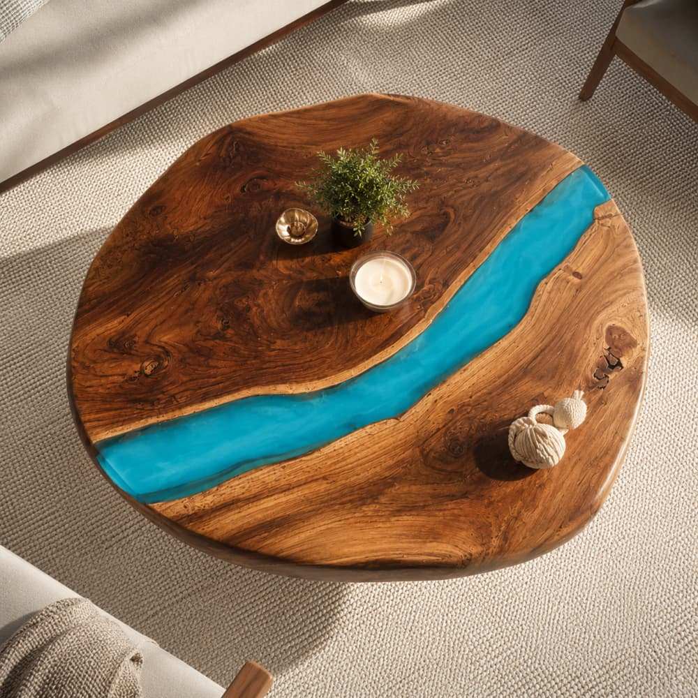 Luxury commercial lounge furniture featuring blue epoxy river table
