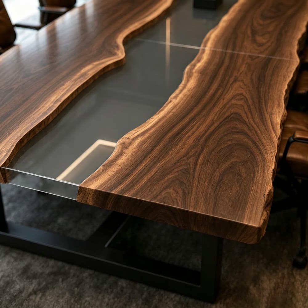 High-end corporate boardroom furniture with walnut slab and grey resin river design