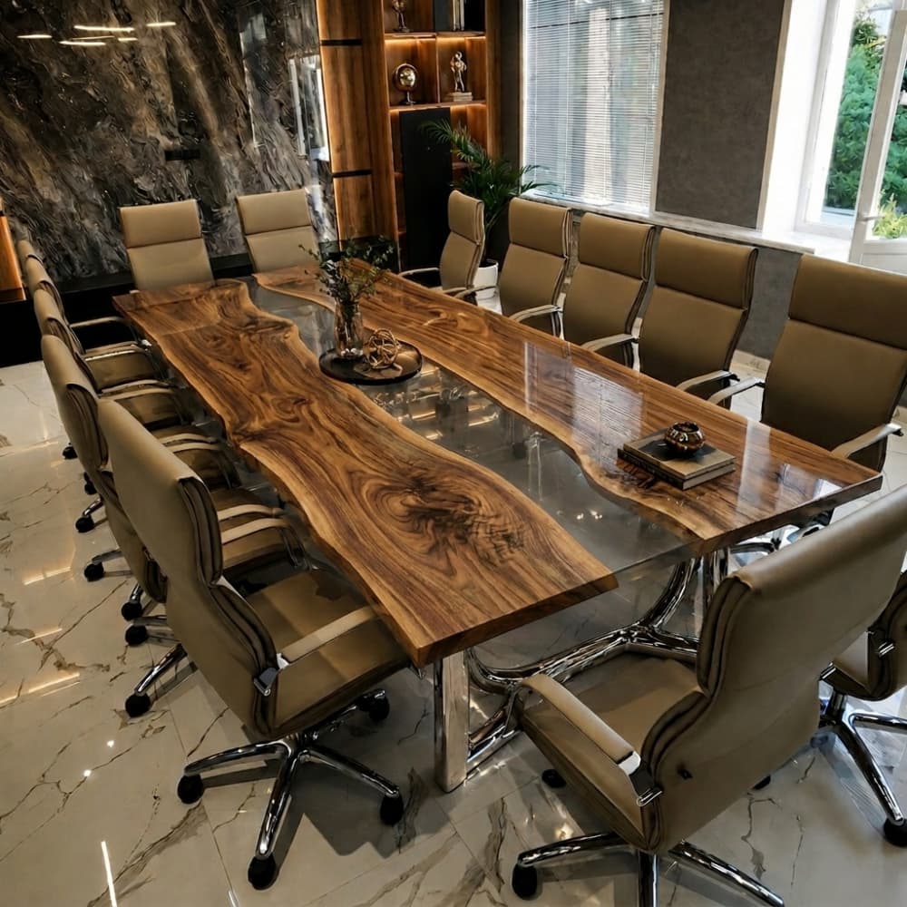 Side view of a luxury bespoke walnut slab desk showing the high-gloss anti-scratch finish and natural grain reflections under office lighting