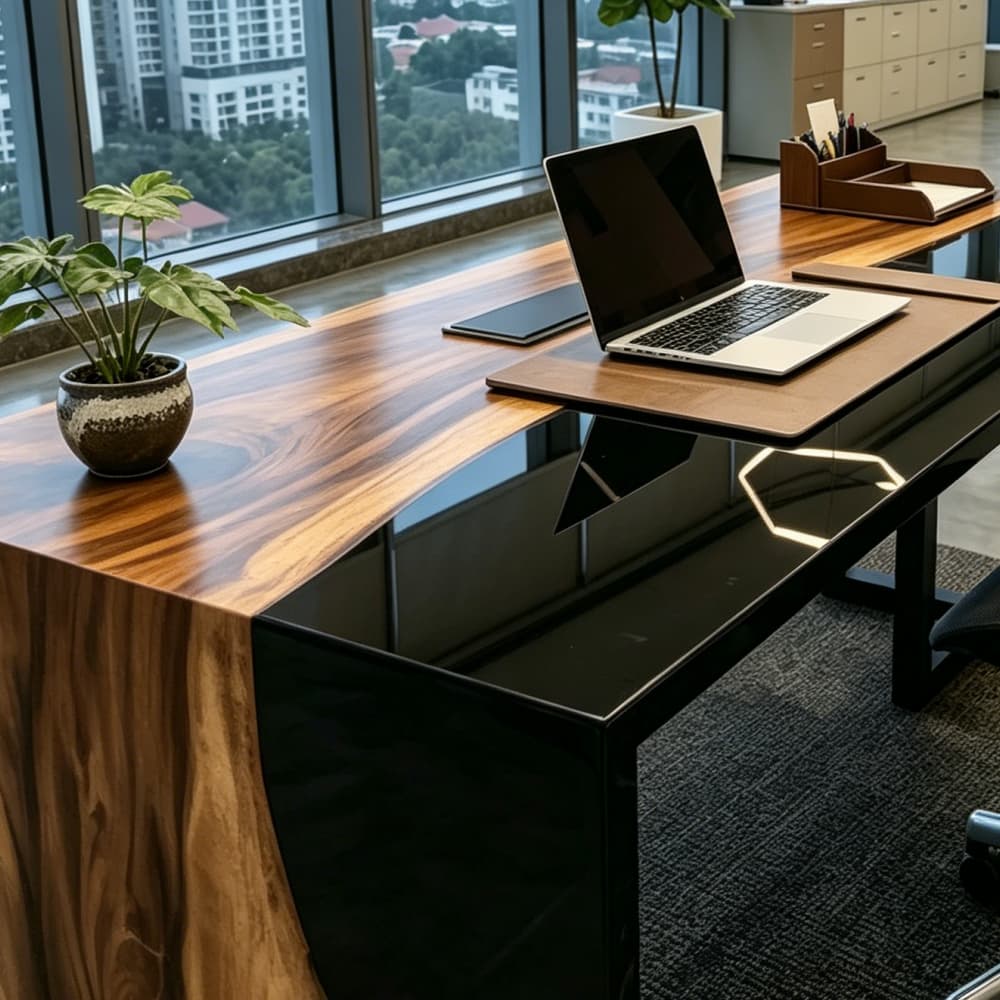 Premium walnut resin river desk featuring a contemporary waterfall design