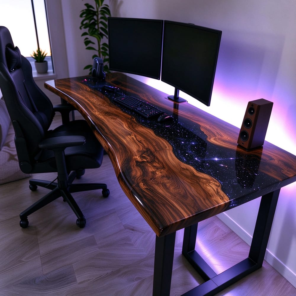 Glossy black walnut epoxy desk surface reflecting light across deep black resin and beautifully figured walnut slabs.