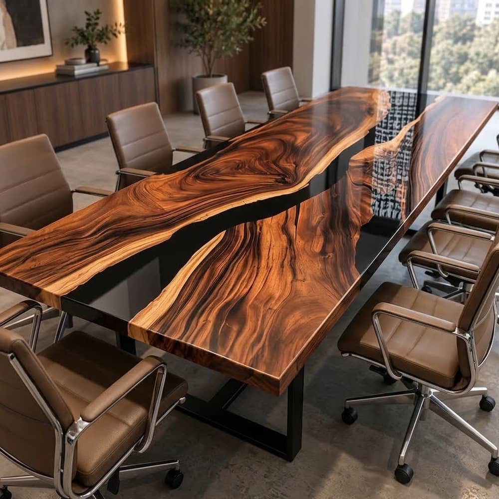 High-gloss black walnut resin conference table featuring rich natural wood grain and deep black epoxy accents.