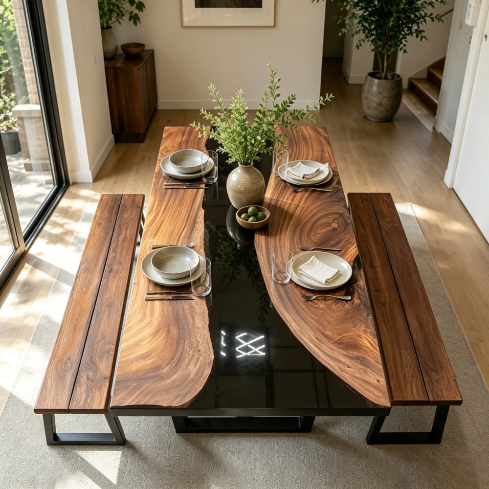 A glossy obsidian black epoxy resin river reflecting indoor green plants and warm natural light on a walnut tabletop
