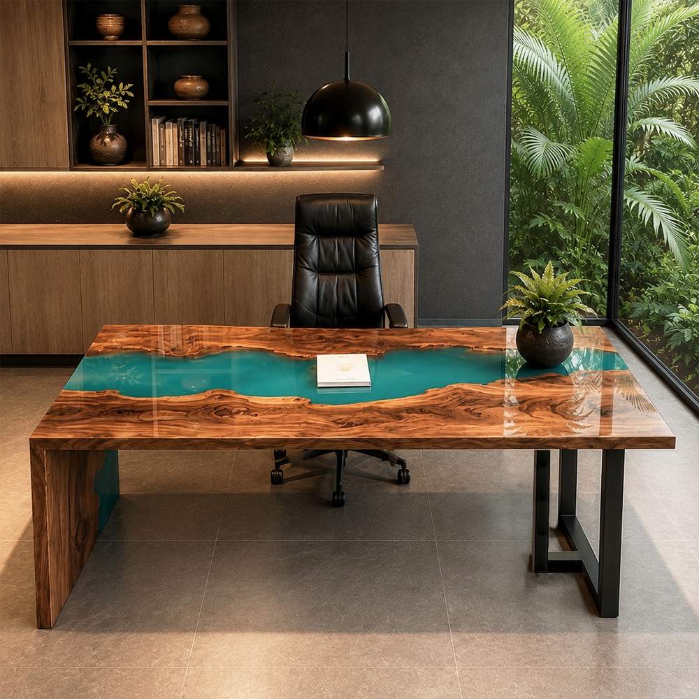 Angular perspective of a handcrafted solid wood and transparent colored resin writing table for luxury corporate offices