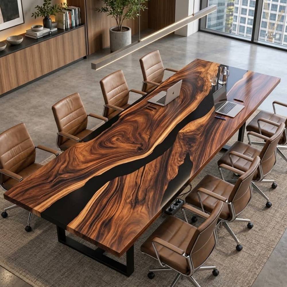 Custom black walnut and black epoxy resin conference table with high-gloss finish for a modern executive boardroom.