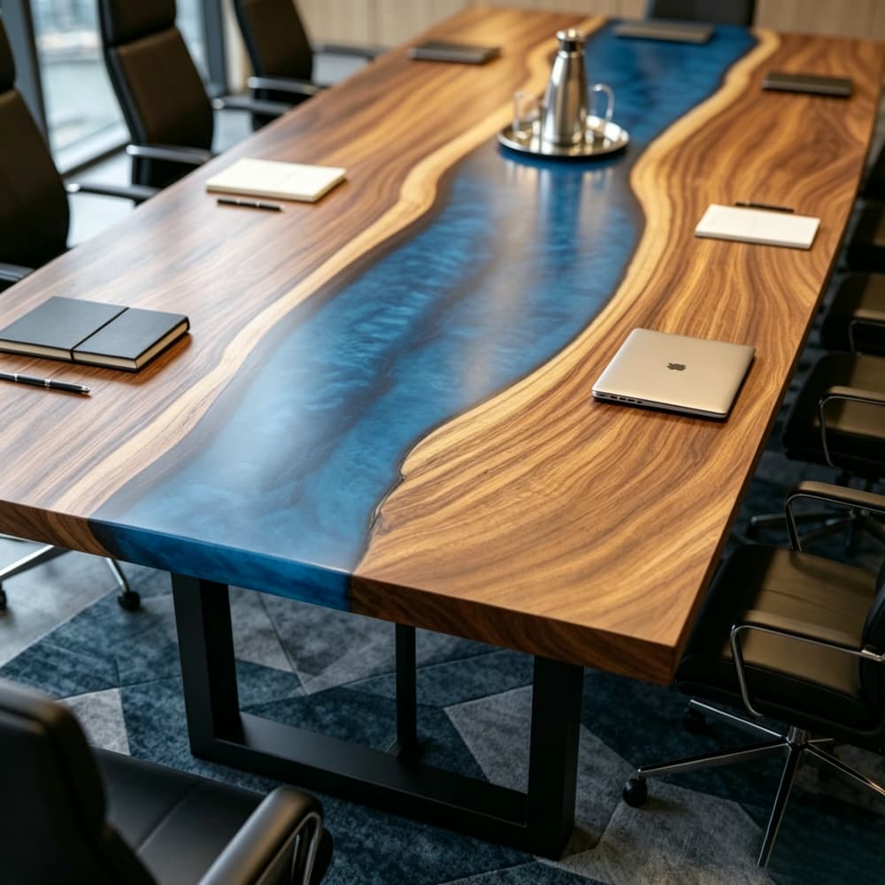 Close-up view of the premium anti-glare matte finish coating on a natural walnut and blue vortex epoxy river boardroom table