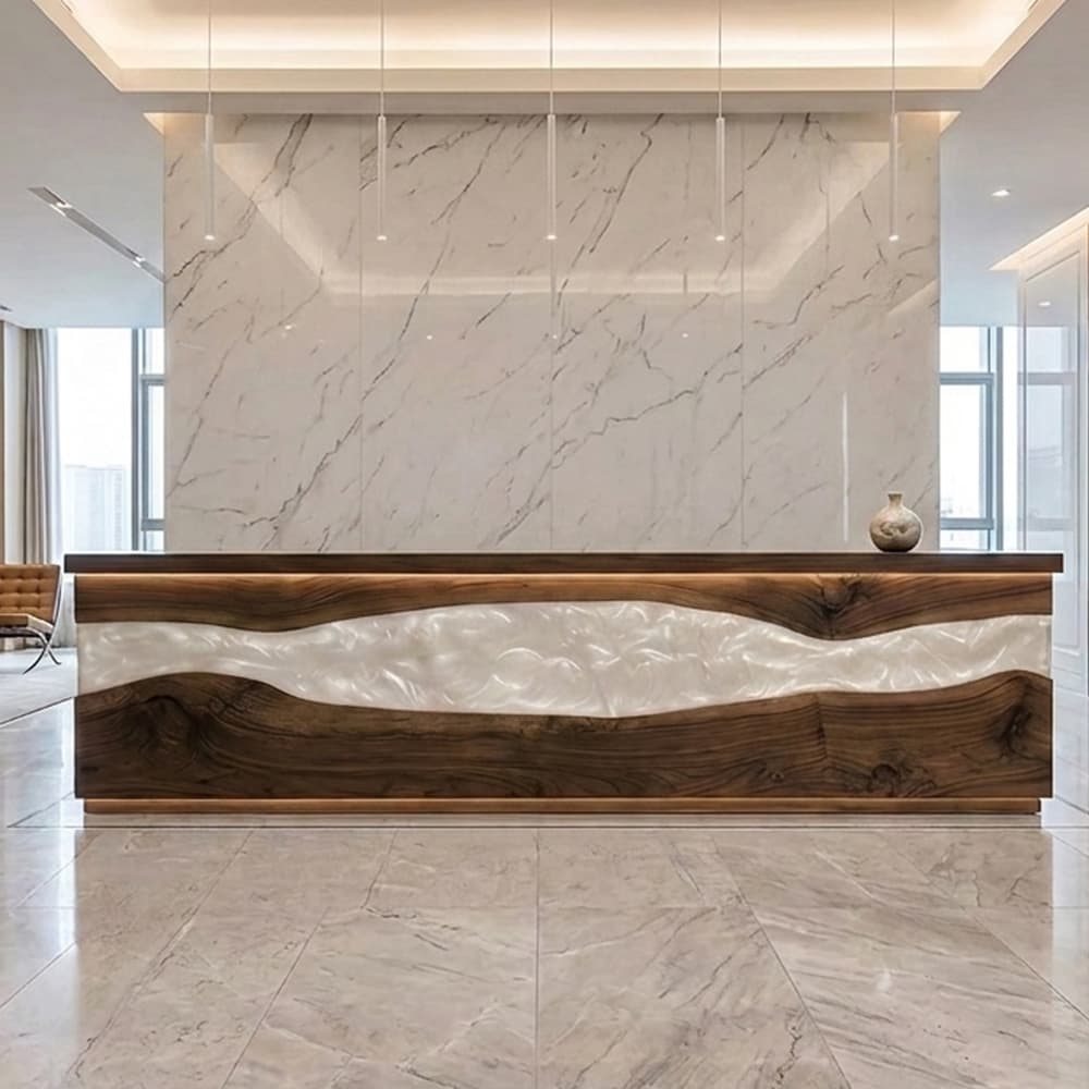 Detailed view of the dense grain pattern and deep espresso tones on the solid black walnut slabs framing the white resin river